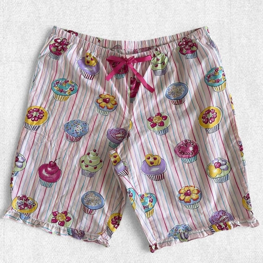 Nick & Nora Pink Cupcake Stripe Pajama Shorts Cotton Ruffle Hem Womens‎ XXL